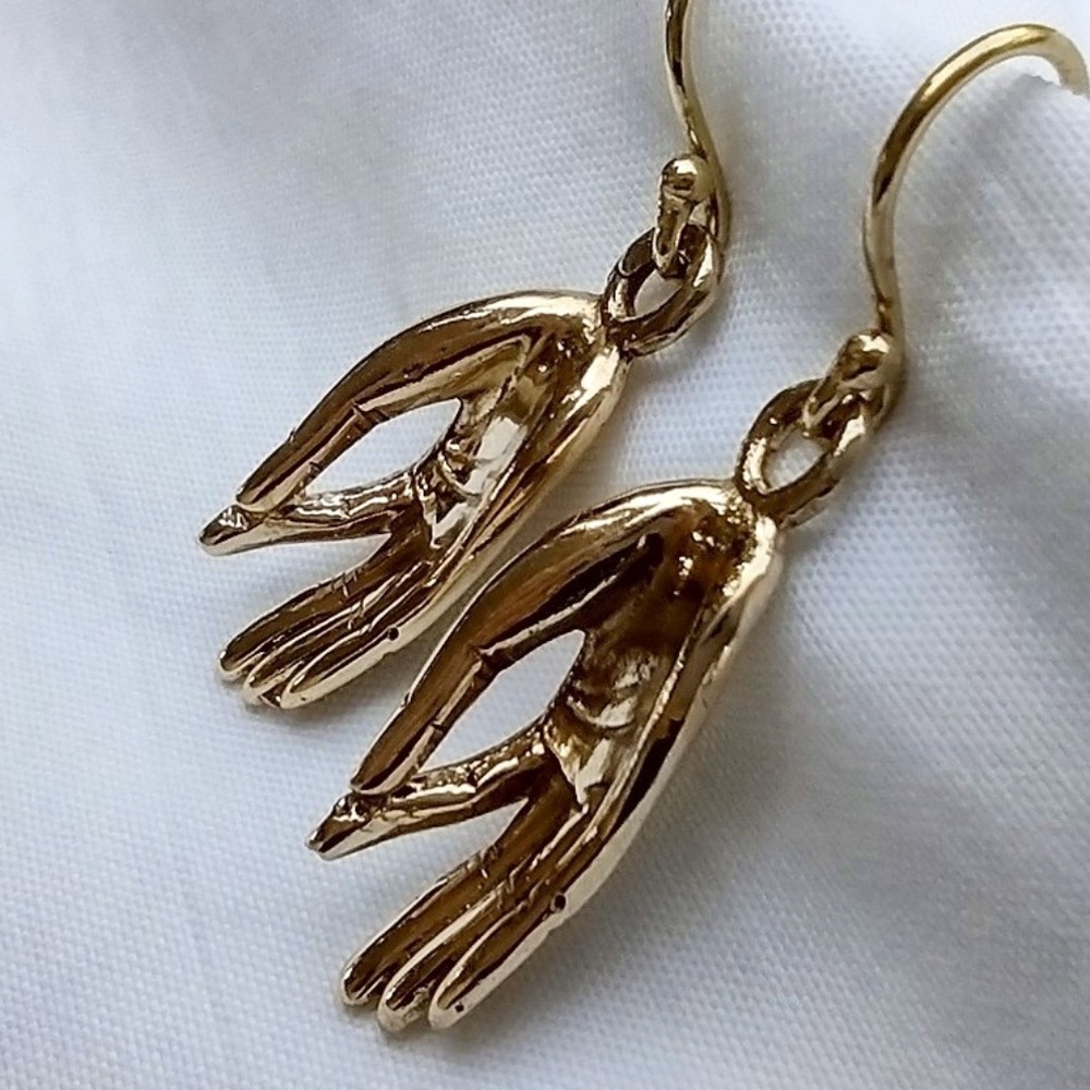New Golden Brass Mudra  Hand Earrings / Made in Nepal / Jñāna Hand Symbol